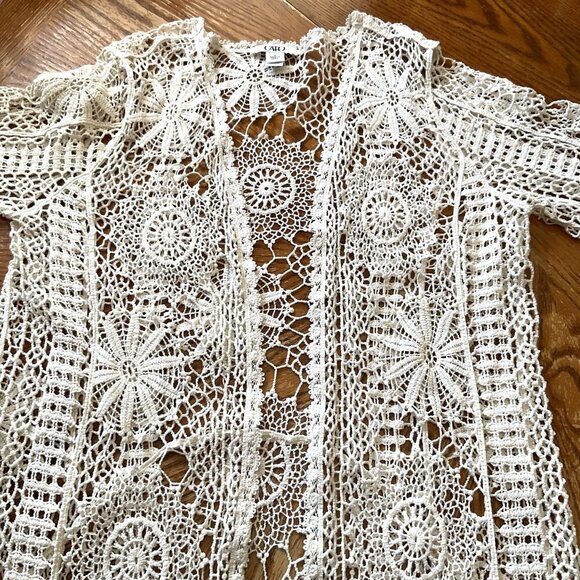 CATO FLORAL CROCHET LACE FRINGE BOHO OPEN FRONT CARDIGAN - Picture 12 of 16